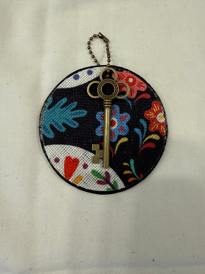 Dia De Los Muertos Textile on a Painted Leather Disc with Charm