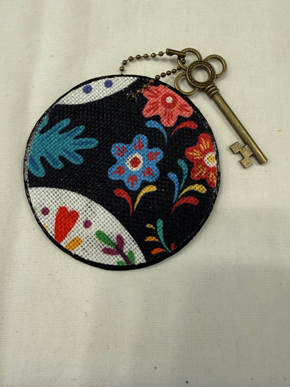 Dia De Los Muertos Textile on a Painted Leather Disc with Charm