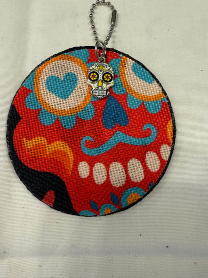 Sugar Skull Textile on a Painted Leather Disc with Charm