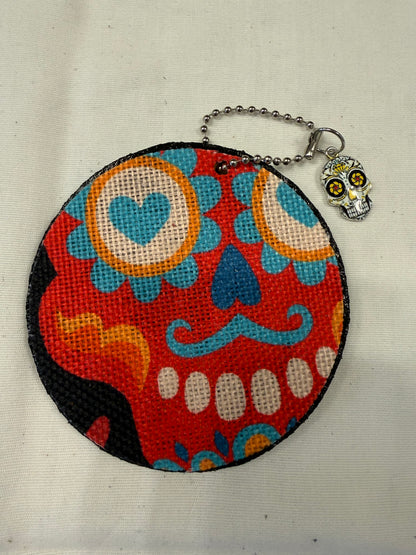 Sugar Skull Textile on a Painted Leather Disc with Charm