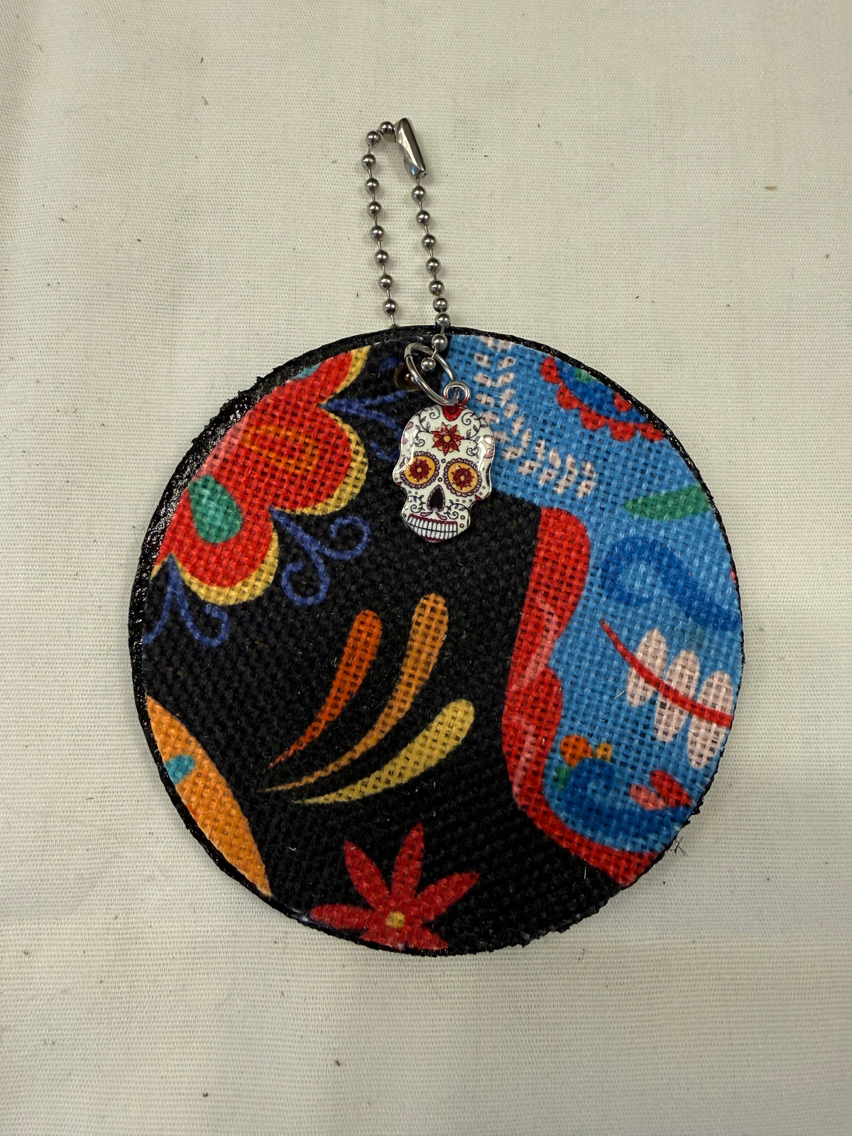 Sugar Skull Textile on a Painted Leather Disc with Charm
