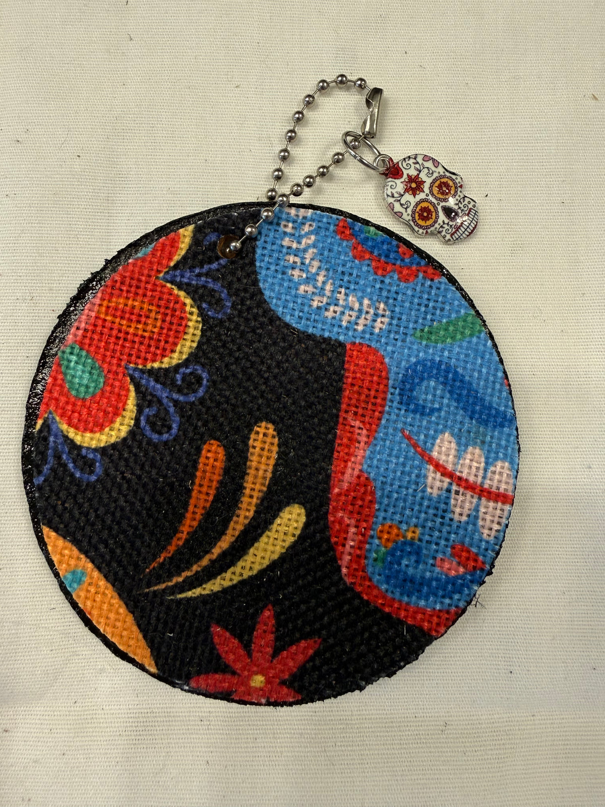 Sugar Skull Textile on a Painted Leather Disc with Charm