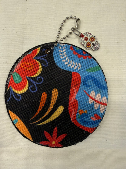 Sugar Skull Textile on a Painted Leather Disc with Charm
