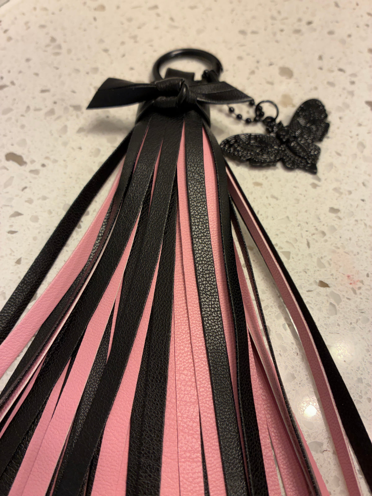 Vegan Leather Tassel Pink & Black with Skull Moth Charm