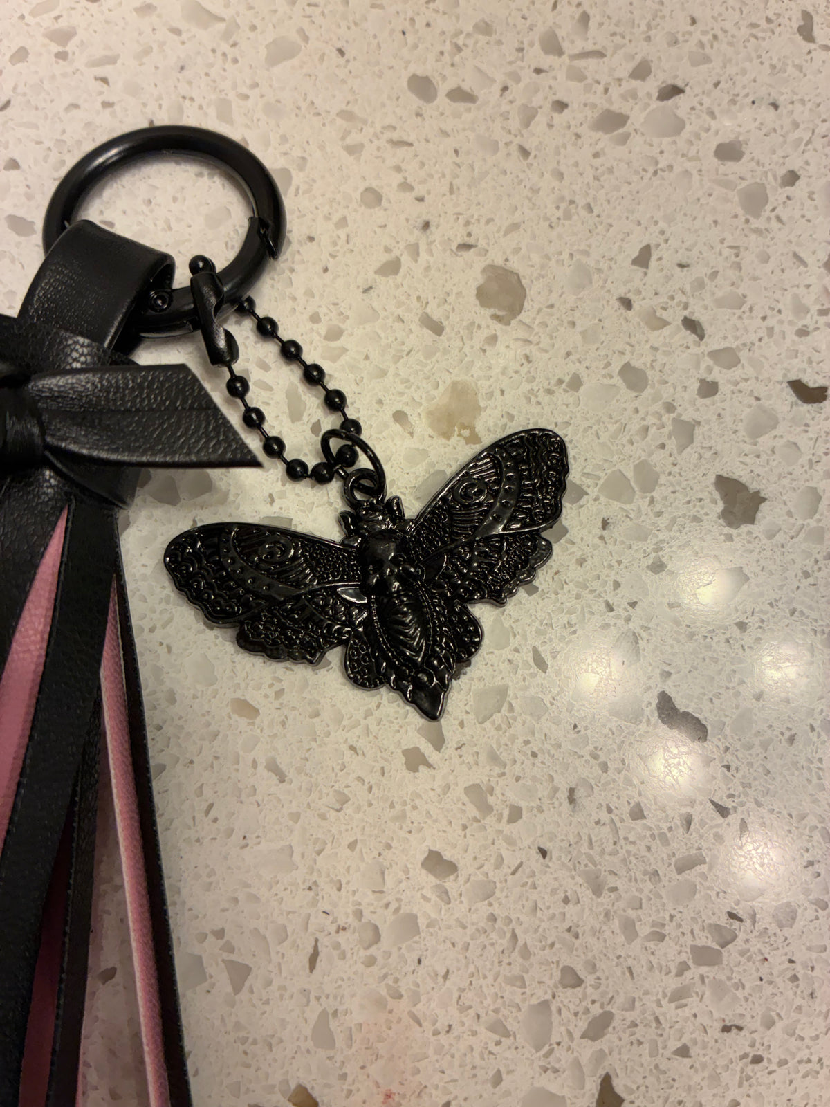 Vegan Leather Tassel Pink & Black with Skull Moth Charm