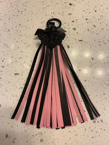 Vegan Leather Tassel Pink & Black with Skull Moth Charm