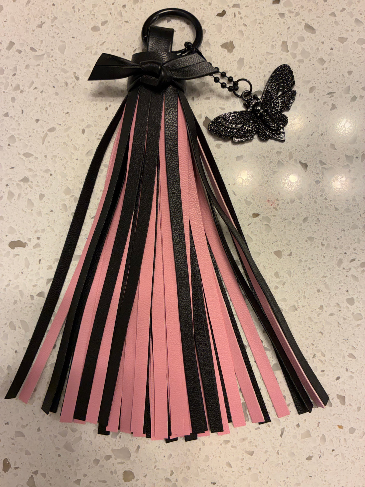 Vegan Leather Tassel Pink & Black with Skull Moth Charm