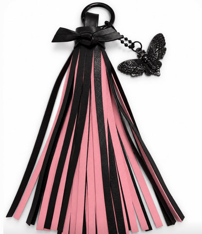 Vegan Leather Tassel Pink & Black with Skull Moth Charm