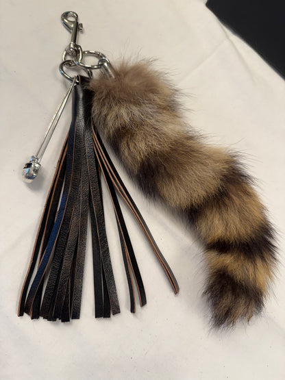 Handcut Painted Distressed Leather Tassel with Faux Fur Racoon Tail and Skull Safety Pin Bag Charm
