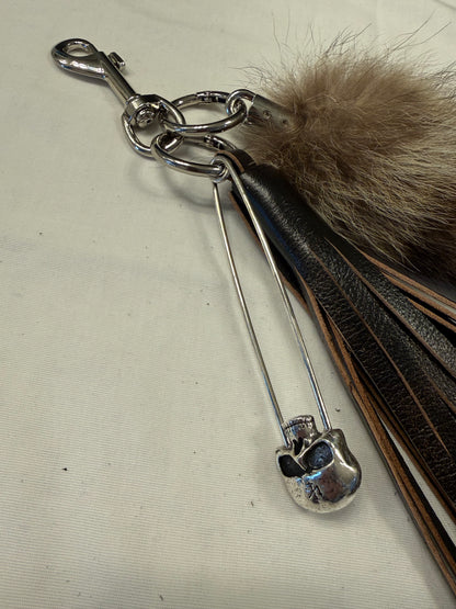 Handcut Painted Distressed Leather Tassel with Faux Fur Racoon Tail and Skull Safety Pin Bag Charm