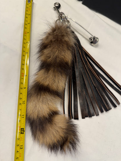 Handcut Painted Distressed Leather Tassel with Faux Fur Racoon Tail and Skull Safety Pin Bag Charm