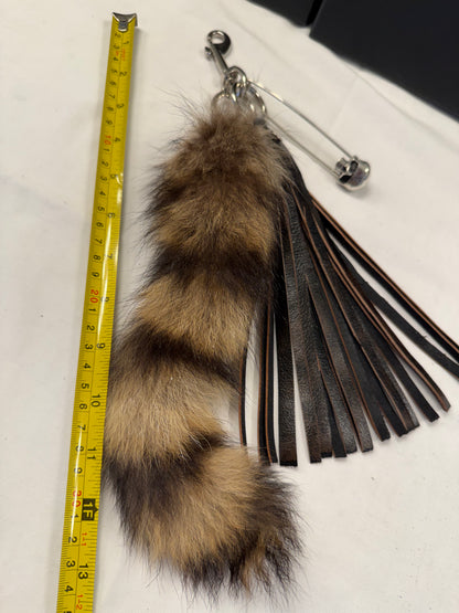 Handcut Painted Distressed Leather Tassel with Faux Fur Racoon Tail and Skull Safety Pin Bag Charm