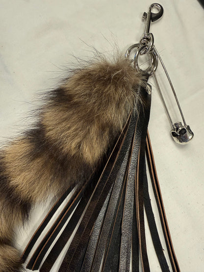 Handcut Painted Distressed Leather Tassel with Faux Fur Racoon Tail and Skull Safety Pin Bag Charm