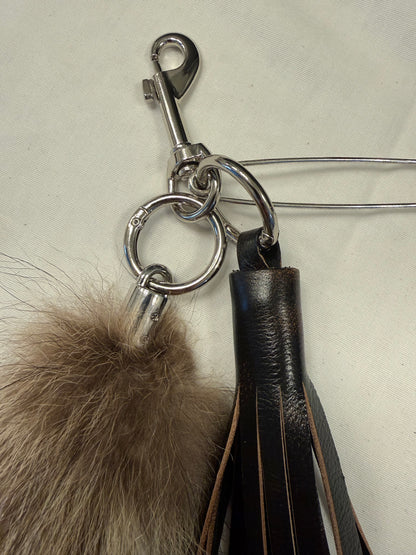 Handcut Painted Distressed Leather Tassel with Faux Fur Racoon Tail and Skull Safety Pin Bag Charm