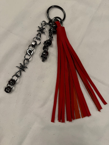 Handcut Red Leather Tassel with Skull Chain Charms and Barbed Wire-Style Chain Bag Charm