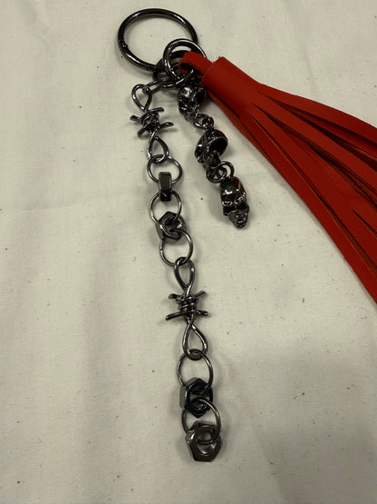 Handcut Red Leather Tassel with Skull Chain Charms and Barbed Wire-Style Chain Bag Charm