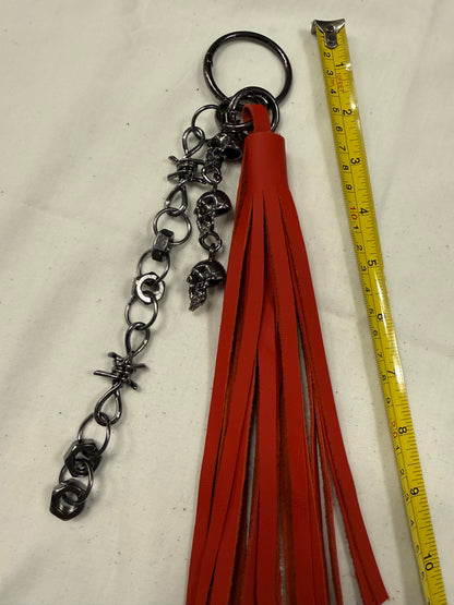 Handcut Red Leather Tassel with Skull Chain Charms and Barbed Wire-Style Chain Bag Charm