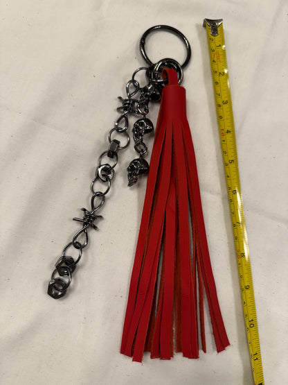 Handcut Red Leather Tassel with Skull Chain Charms and Barbed Wire-Style Chain Bag Charm