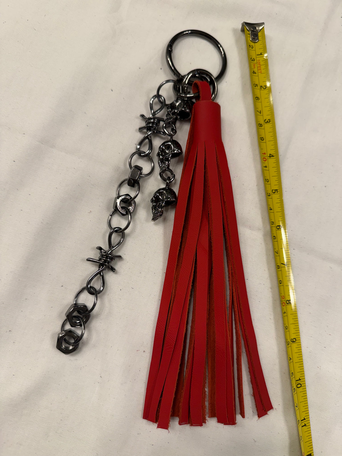 Handcut Red Leather Tassel with Skull Chain Charms and Barbed Wire-Style Chain Bag Charm