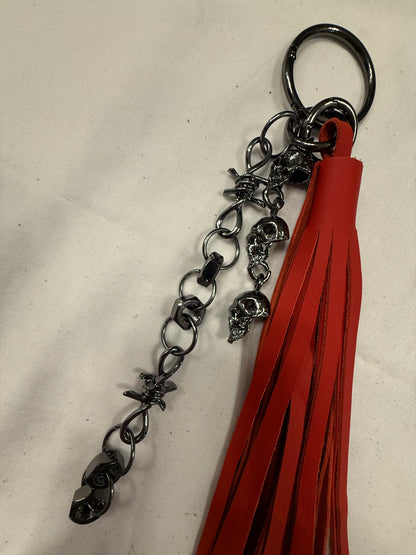 Handcut Red Leather Tassel with Skull Chain Charms and Barbed Wire-Style Chain Bag Charm