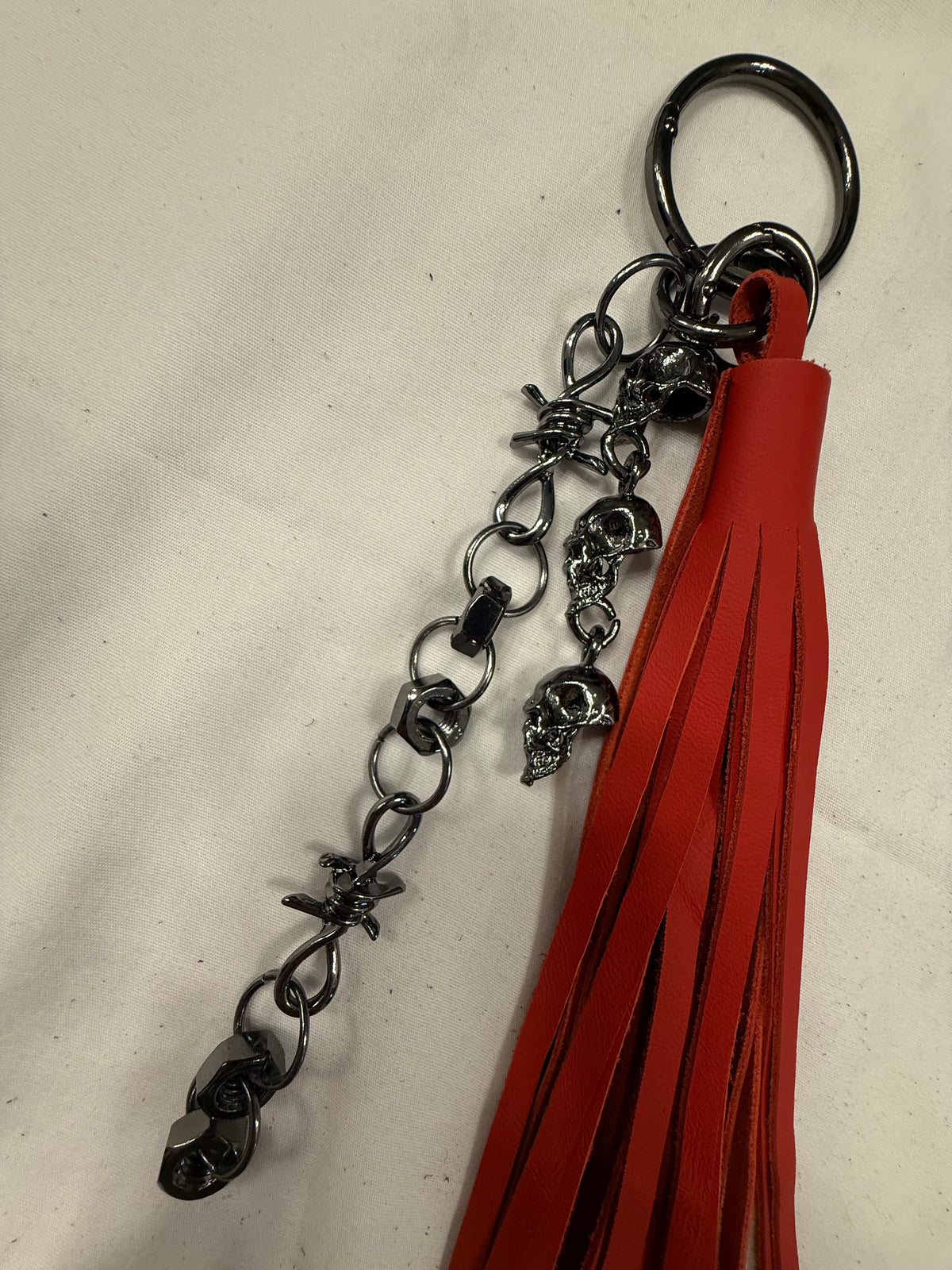 Handcut Red Leather Tassel with Skull Chain Charms and Barbed Wire-Style Chain Bag Charm