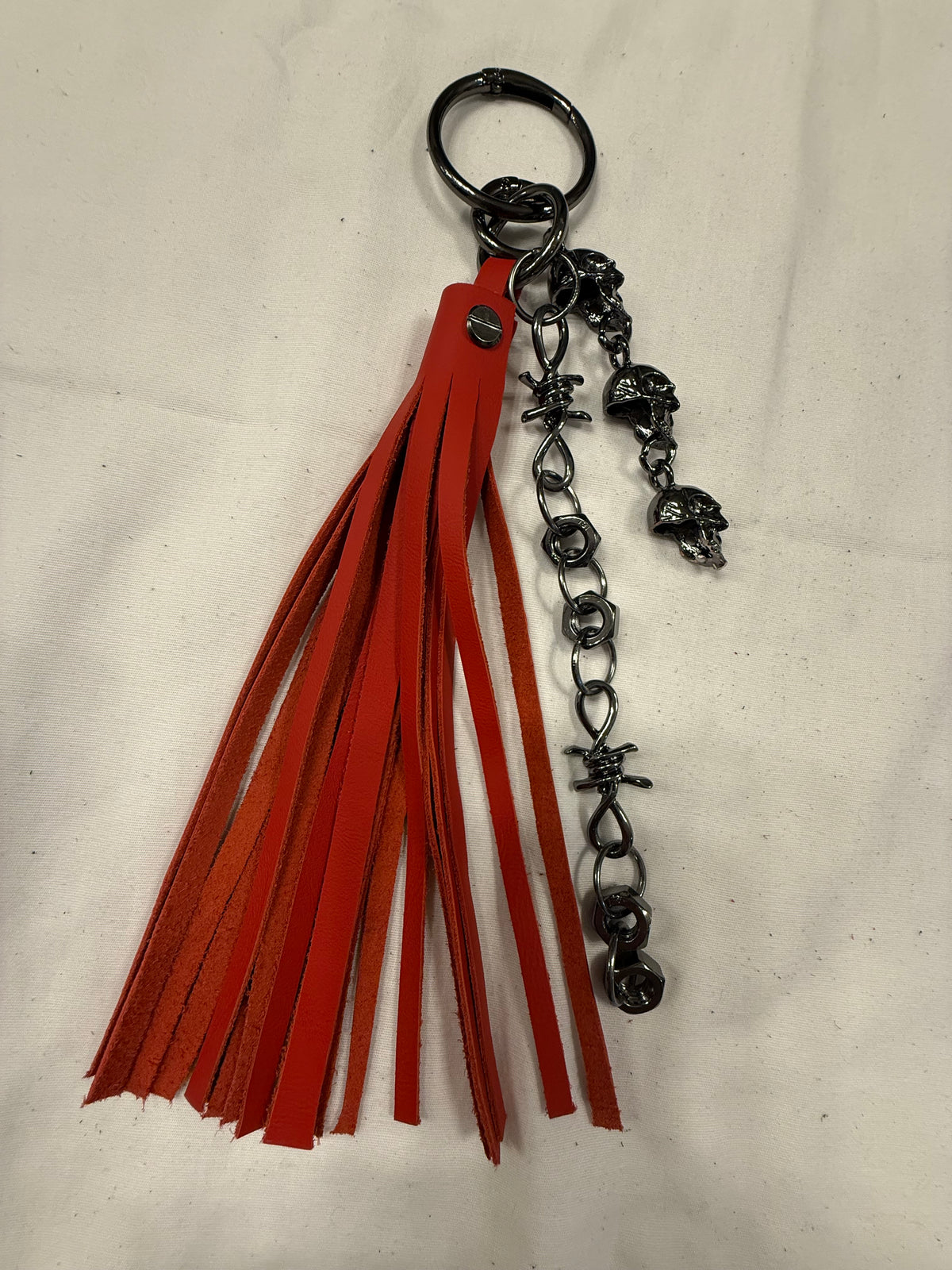 Handcut Red Leather Tassel with Skull Chain Charms and Barbed Wire-Style Chain Bag Charm