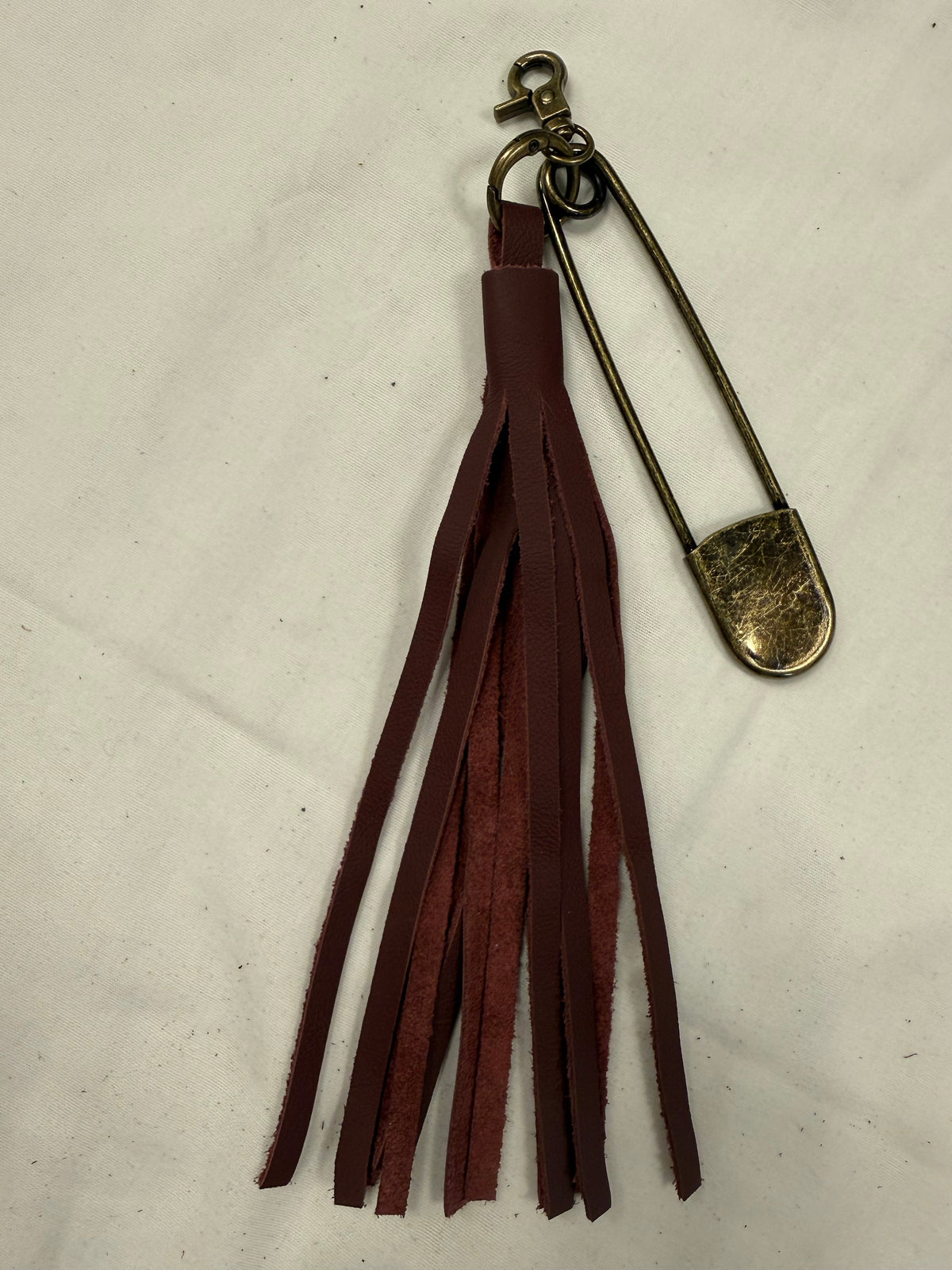 Handcut Rust Leather Tassel with Antique Brass Hardware XL Safety Pin