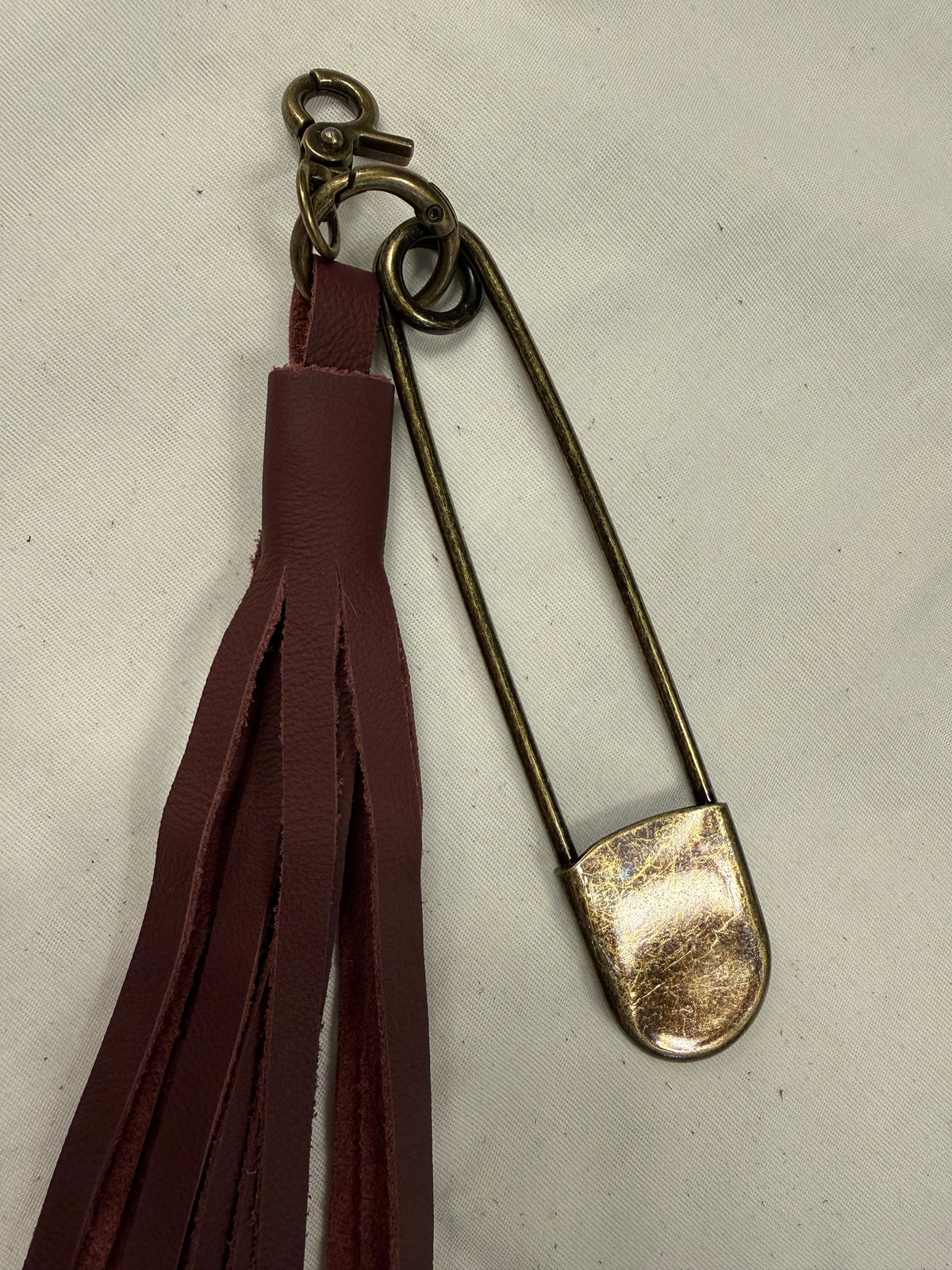 Handcut Rust Leather Tassel with Antique Brass Hardware XL Safety Pin