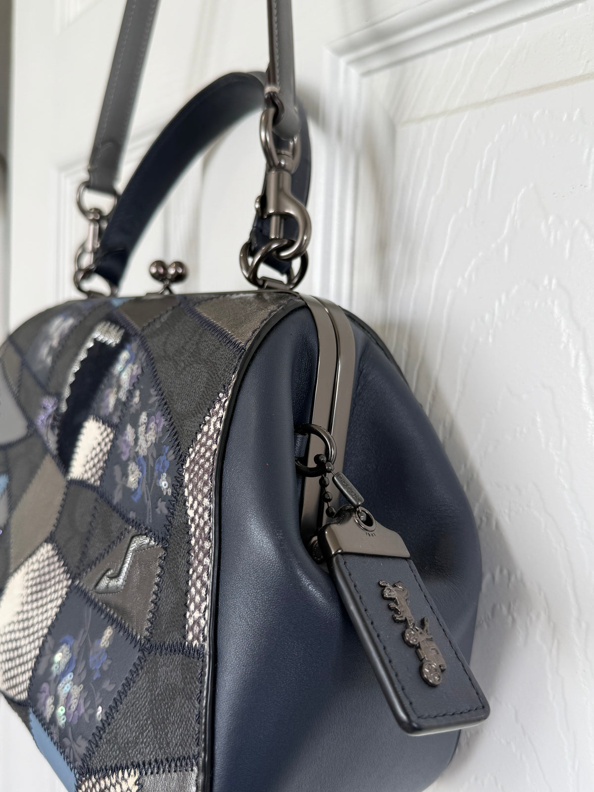 Pre-Loved Coach 1941 Blue Signature Patchwork Kisslock Frame Bag | Style 68889