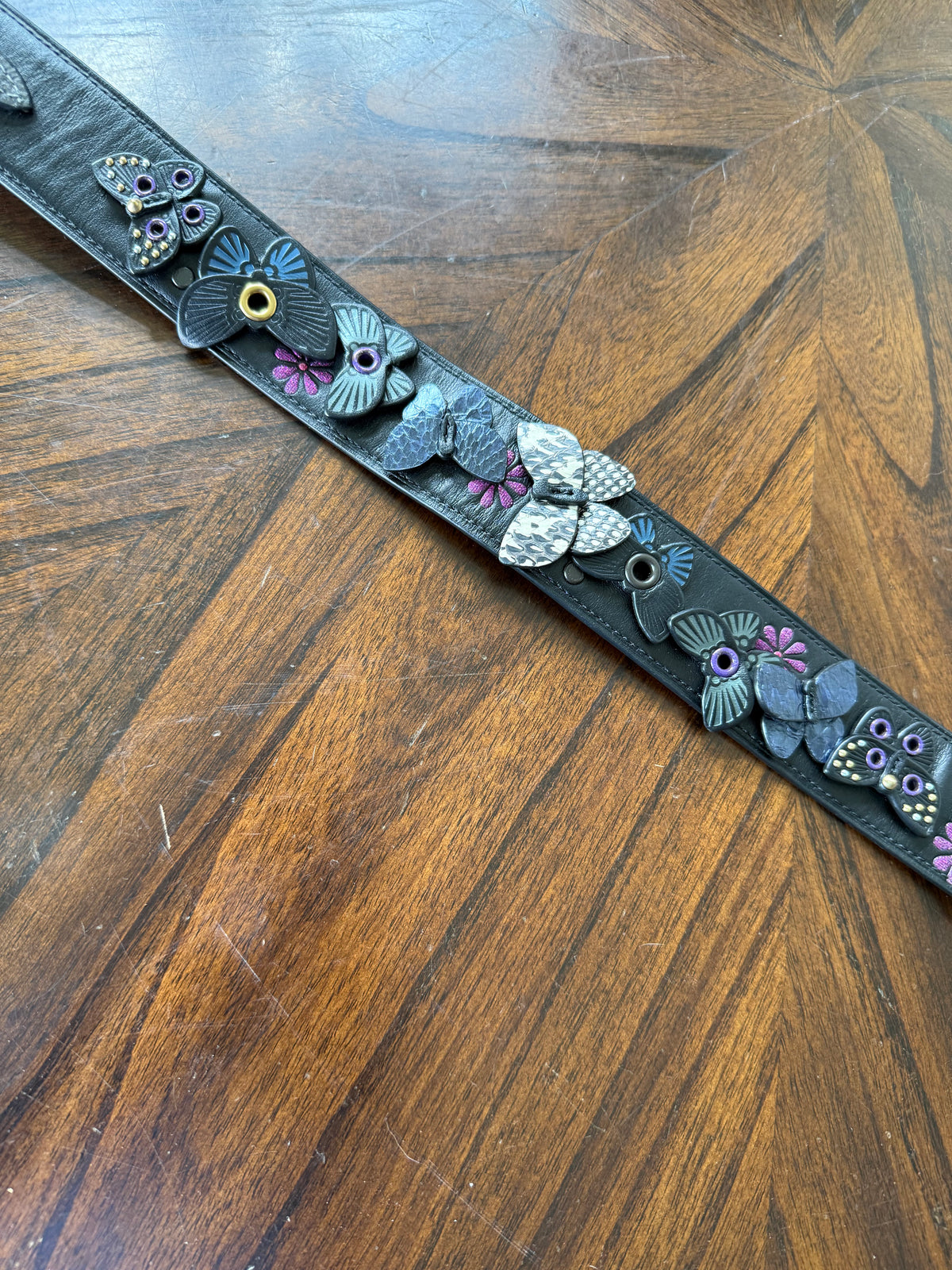 Pre-Loved Coach Butterfly Appliqué Novelty Bag Strap | Black Leather & Genuine Snakeskin | Brass Tone Hardware
