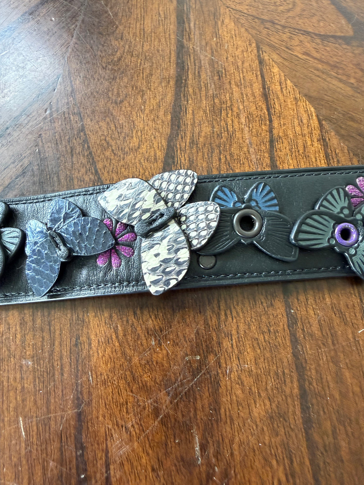 Pre-Loved Coach Butterfly Appliqué Novelty Bag Strap | Black Leather & Genuine Snakeskin | Brass Tone Hardware