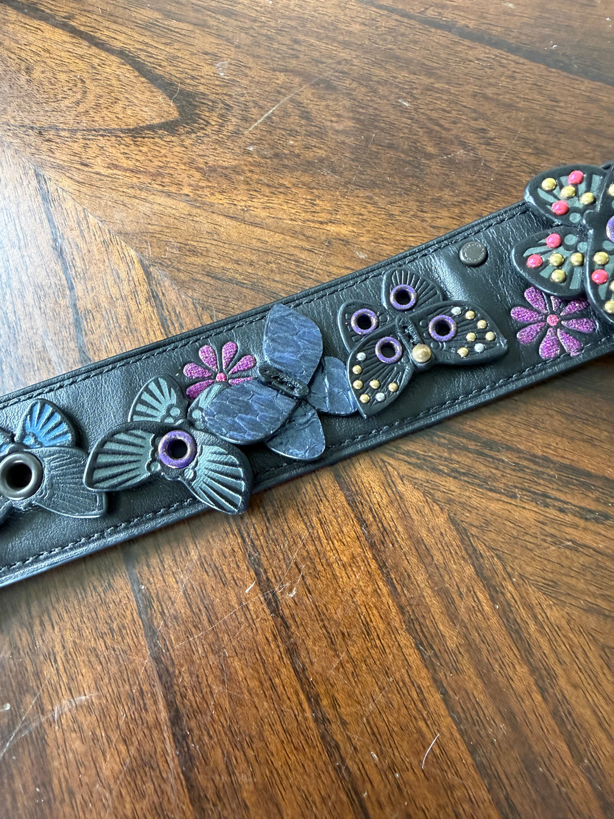 Pre-Loved Coach Butterfly Appliqué Novelty Bag Strap | Black Leather & Genuine Snakeskin | Brass Tone Hardware