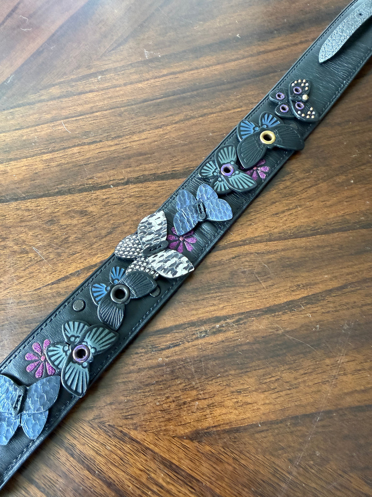 Pre-Loved Coach Butterfly Appliqué Novelty Bag Strap | Black Leather & Genuine Snakeskin | Brass Tone Hardware