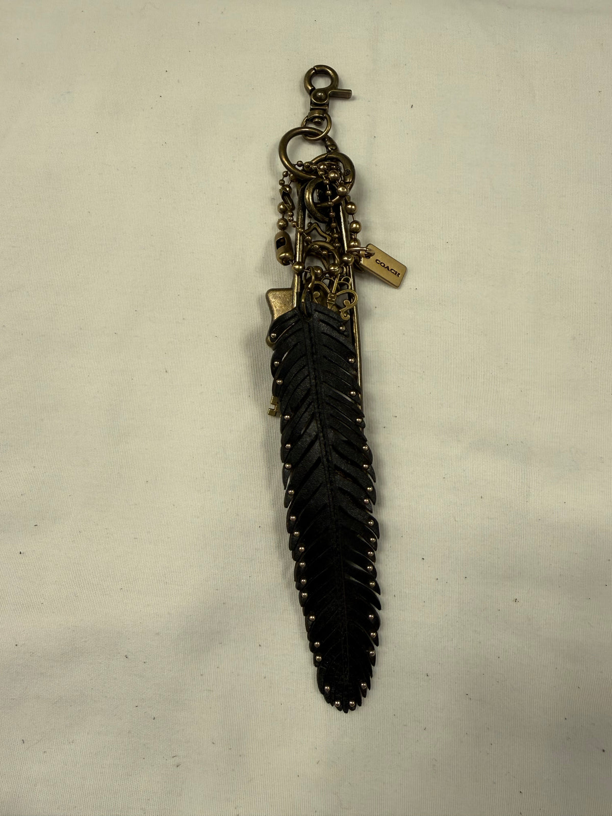 Ships 10.13.26 Repurposed Coach Leather Studded Feather and Coach Gold Metal Feather Black and Gold Tone