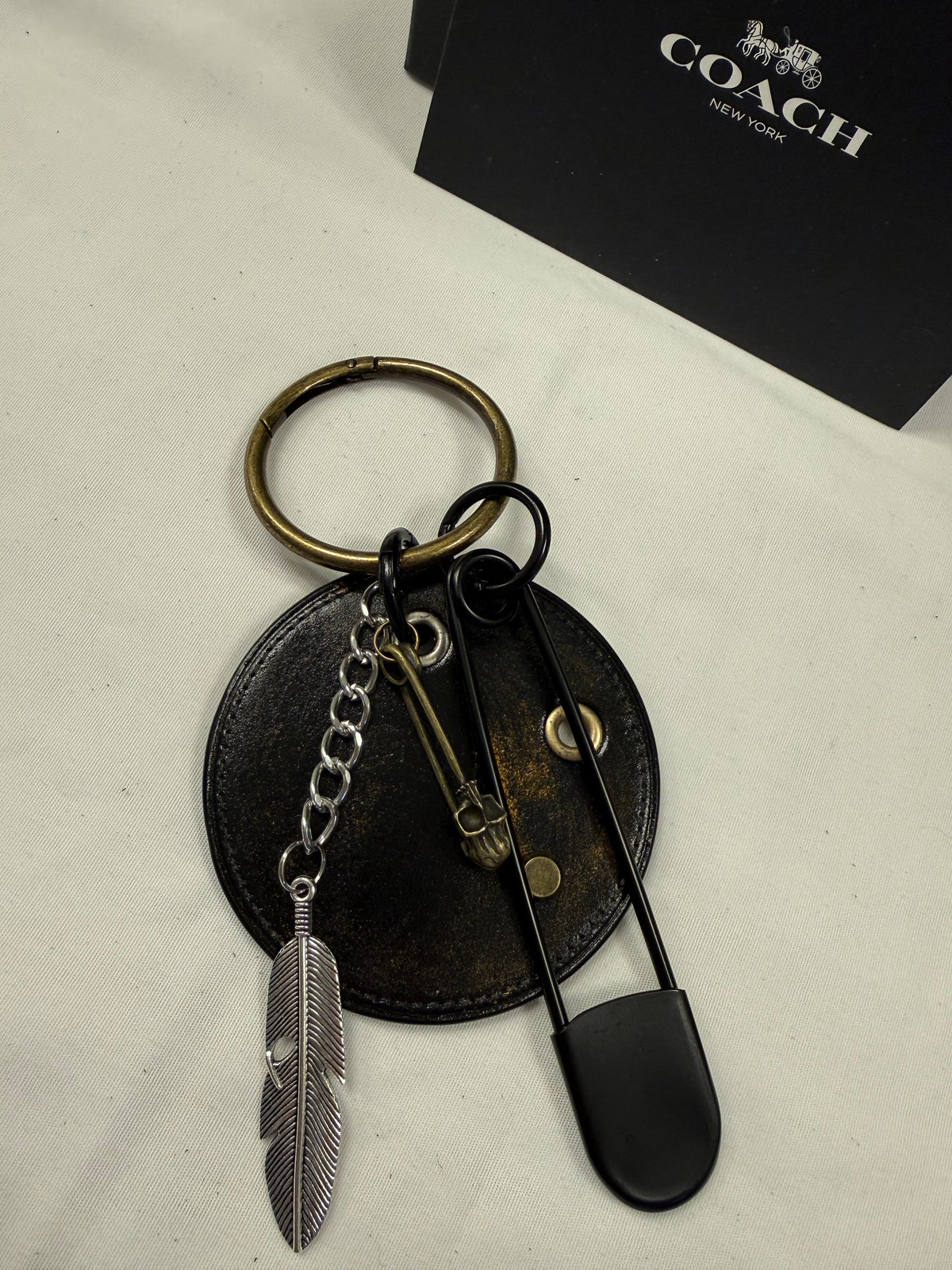 Repurposed Painted & Distressed Coach Coaster with XL Carabiner, Mixed Metal Charms and Rivets