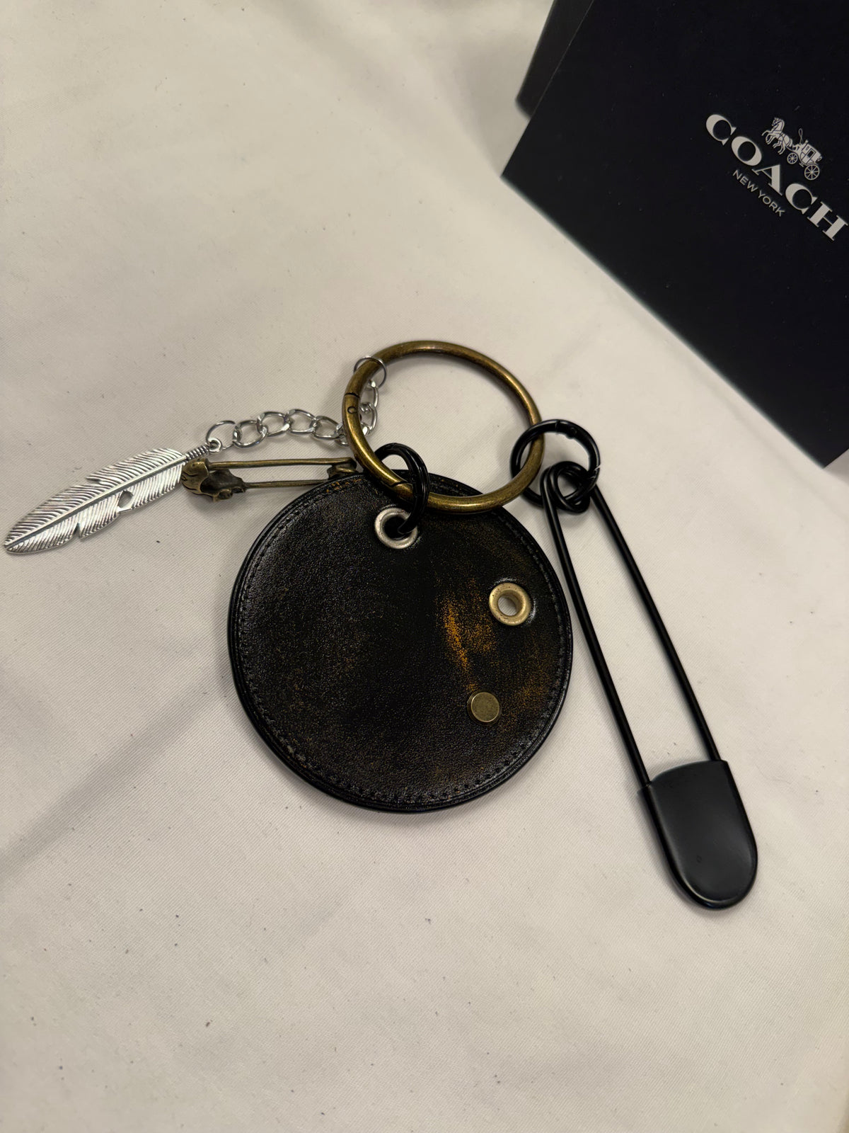 Repurposed Painted & Distressed Coach Coaster with XL Carabiner, Mixed Metal Charms and Rivets