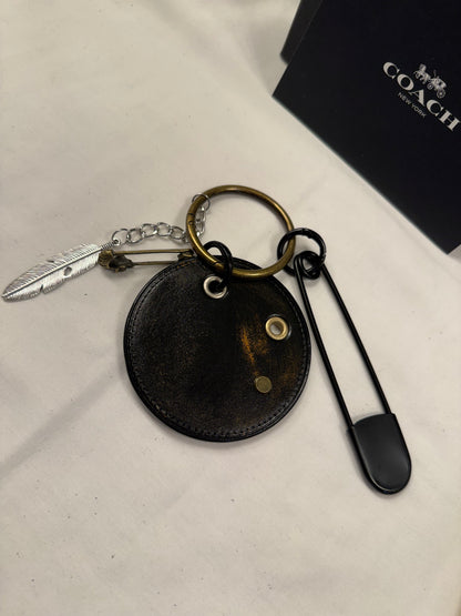 Repurposed Painted & Distressed Coach Coaster with XL Carabiner, Mixed Metal Charms and Rivets