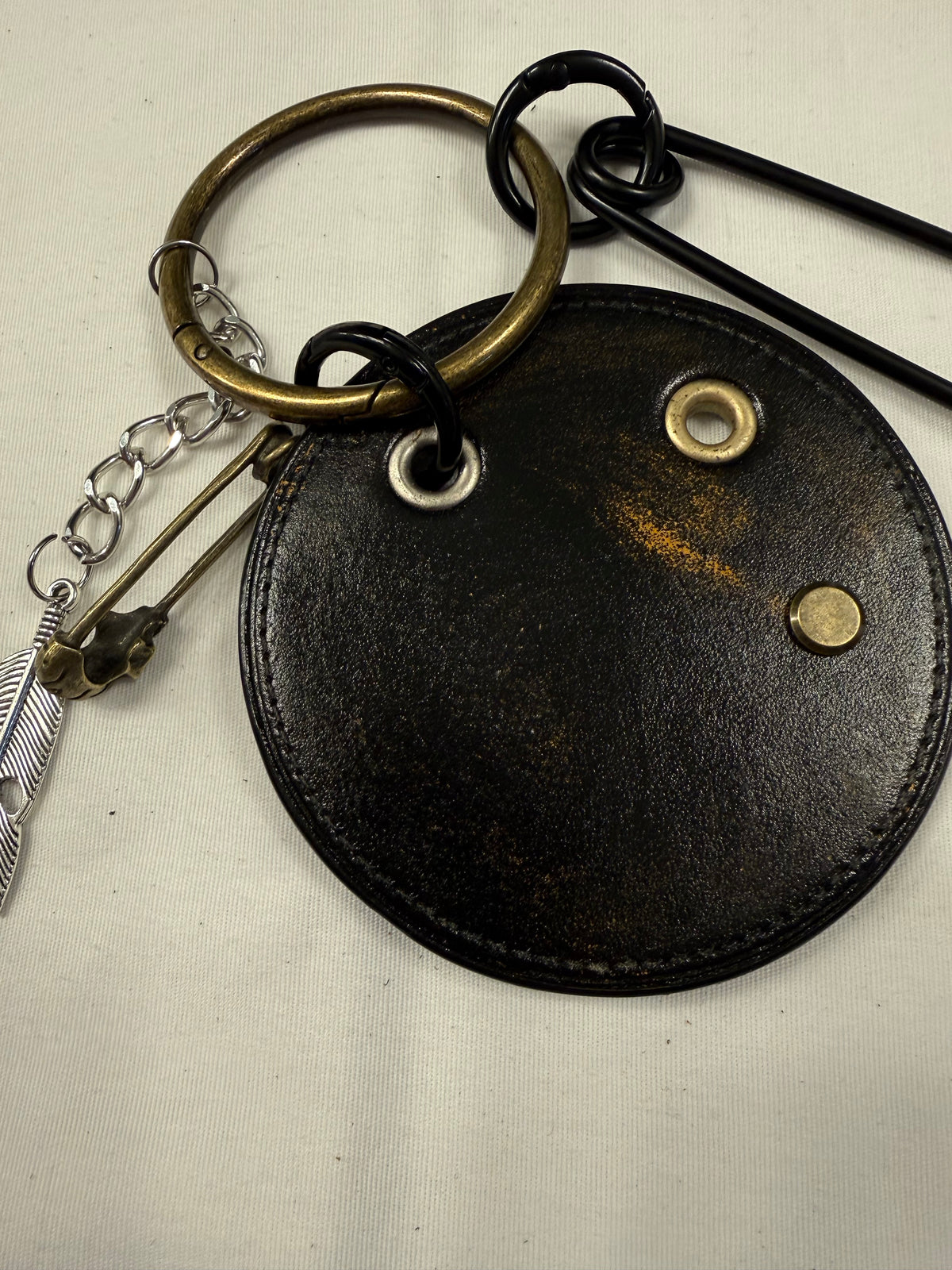 Repurposed Painted & Distressed Coach Coaster with XL Carabiner, Mixed Metal Charms and Rivets