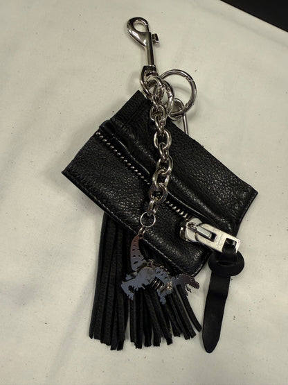 Repurposed Piece of a Coach Motorcycle Jacket, XL Safety Pin, Metal T-Rex, and Leather Tassel Bag Charm Cluster