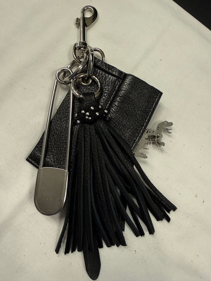 Repurposed Piece of a Coach Motorcycle Jacket, XL Safety Pin, Metal T-Rex, and Leather Tassel Bag Charm Cluster