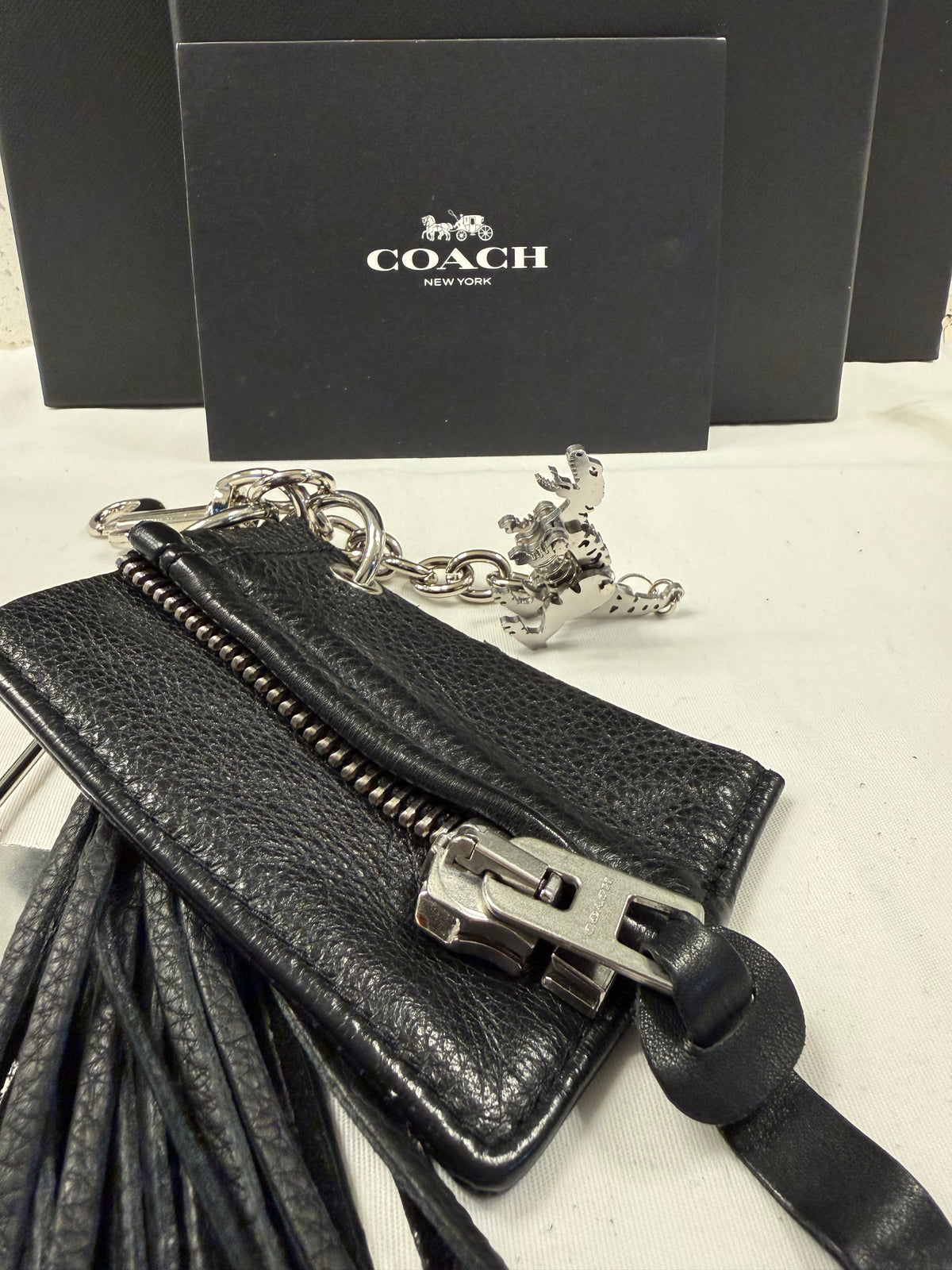 Repurposed Piece of a Coach Motorcycle Jacket, XL Safety Pin, Metal T-Rex, and Leather Tassel Bag Charm Cluster