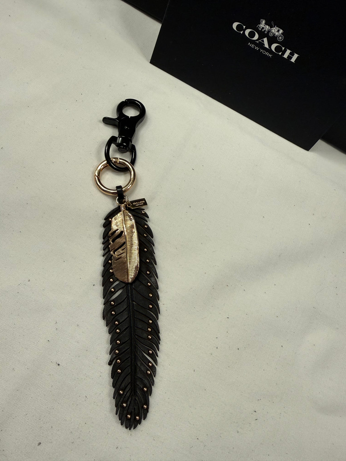 Ships 10.13.26 Repurposed Coach Leather Studded Feather and Coach Gold Metal Feather Black and Gold Tone