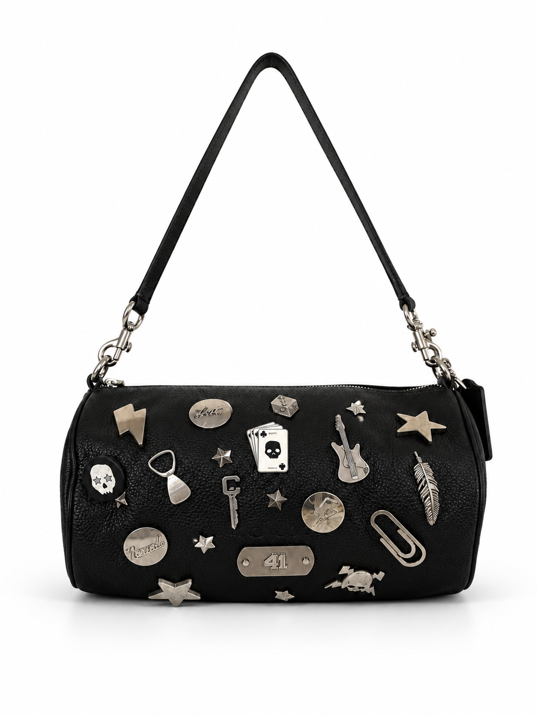 Ships 10.13.26 One-of-a-Kind Upcrafted Coach Andre 30 – Black Pebbled Leather with 2016-era Coach Moto Pins