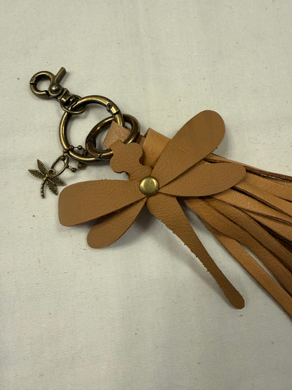 Leather Bag Charm Cluster Handmade Dragonfly and Leather Tassel