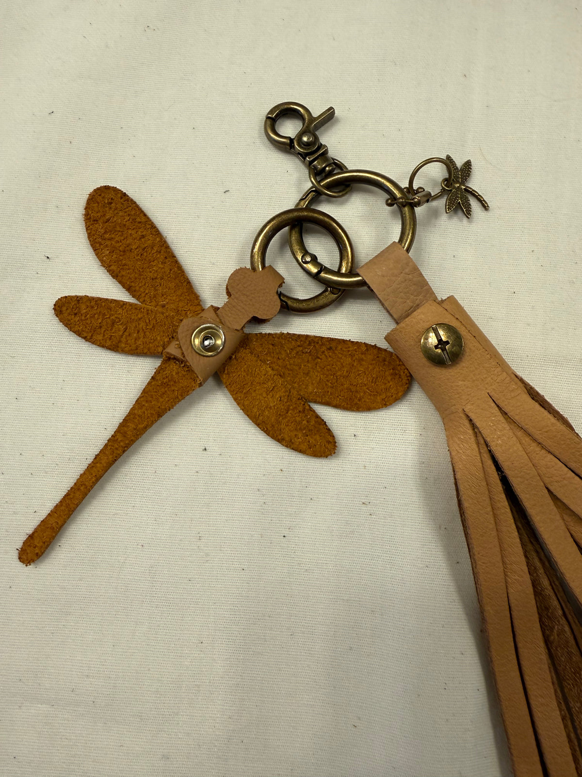 Leather Bag Charm Cluster Handmade Dragonfly and Leather Tassel