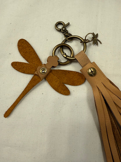 Leather Bag Charm Cluster Handmade Dragonfly and Leather Tassel