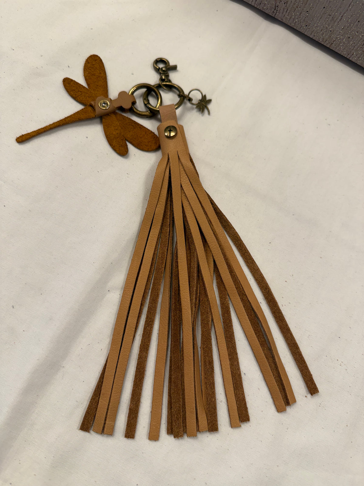 Leather Bag Charm Cluster Handmade Dragonfly and Leather Tassel