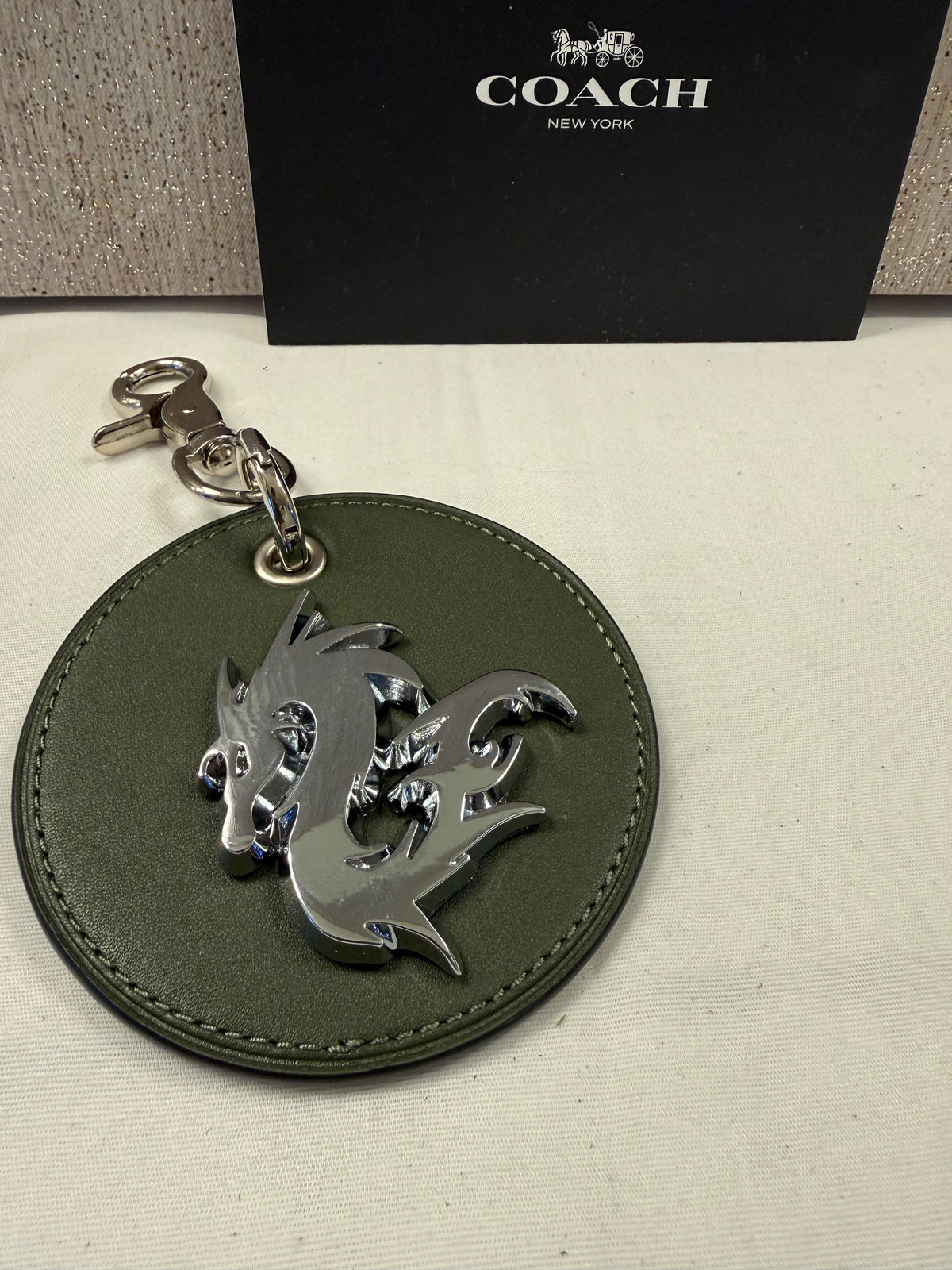 Repurposed Coach Olive Leather Coaster with Metal Dragon Emblem
