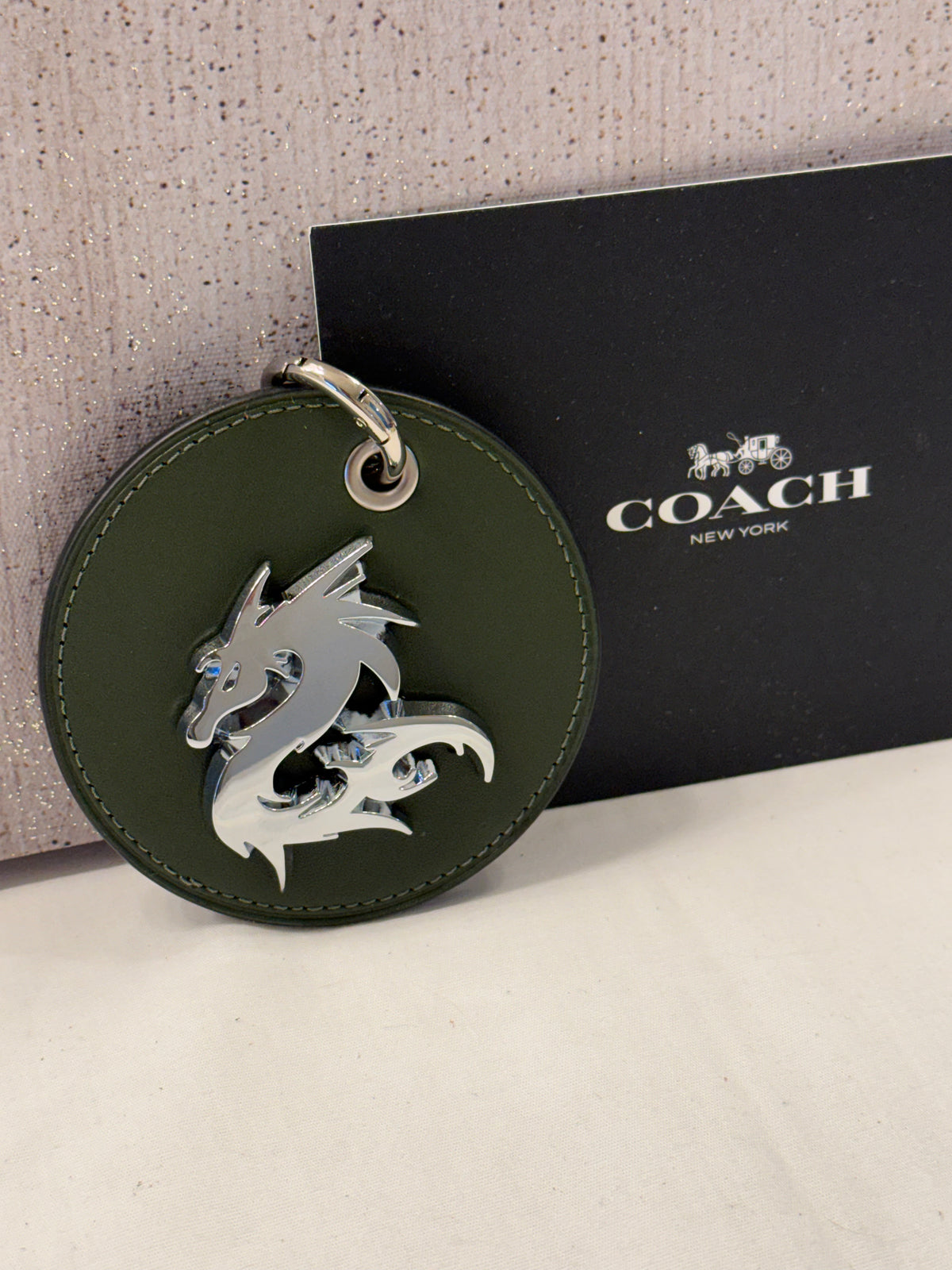 Repurposed Coach Olive Leather Coaster with Metal Dragon Emblem