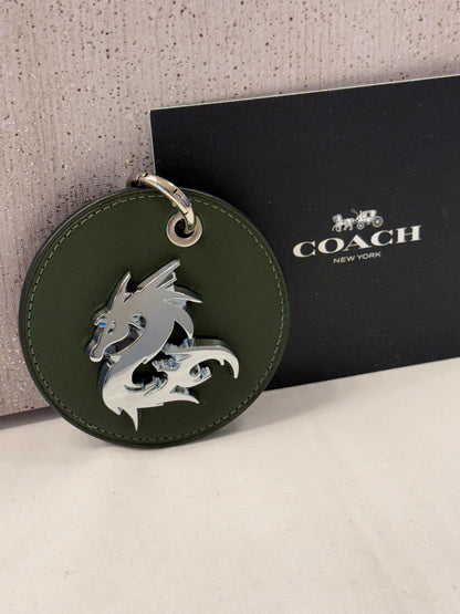 Repurposed Coach Olive Leather Coaster with Metal Dragon Emblem